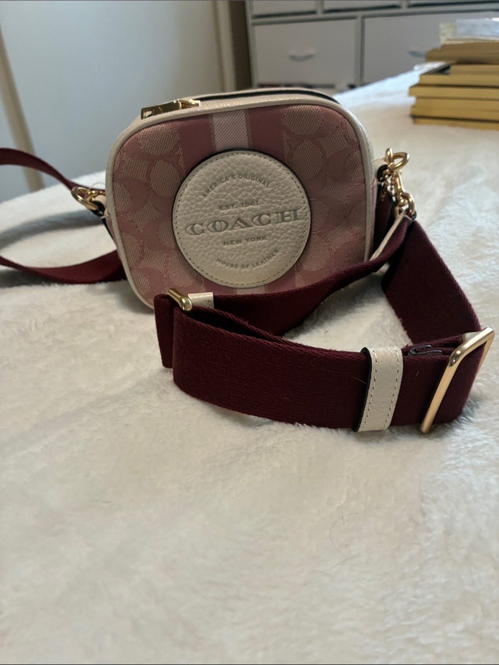 COACH Pink Signature Mini Crossbody with Burgundy Strap